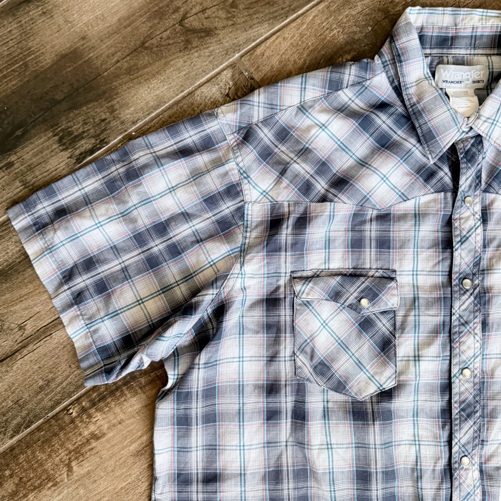 Wrancher Wrangler Western Plaid Pearl‎ Snap Short Sleeve Shirt, Charcoal Gray,2X